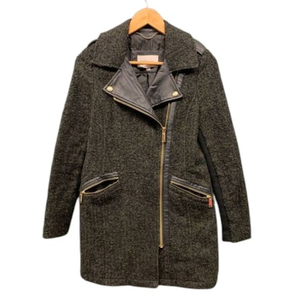 BCBGeneration Moto Coat Women’s S Black Tweed Wool Blend Faux Leather Trim‎ Chic